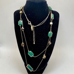 Vintage Emerald Green Bead Necklace Gold-Tone Long Layering Statement Jewelry